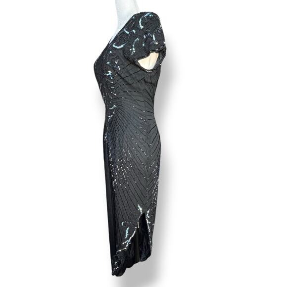 Vintage 80s Black Beaded Sequin Evening Gown Asymmetrical Hem Dress Column Maxi - Picture 7 of 10